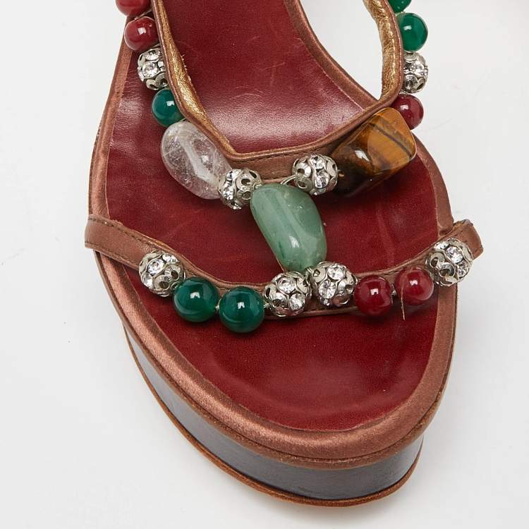 Pre Owned Guiseppe Zanotti Brown Leather Crystal Embellished Platform Slide Sandals Size 38