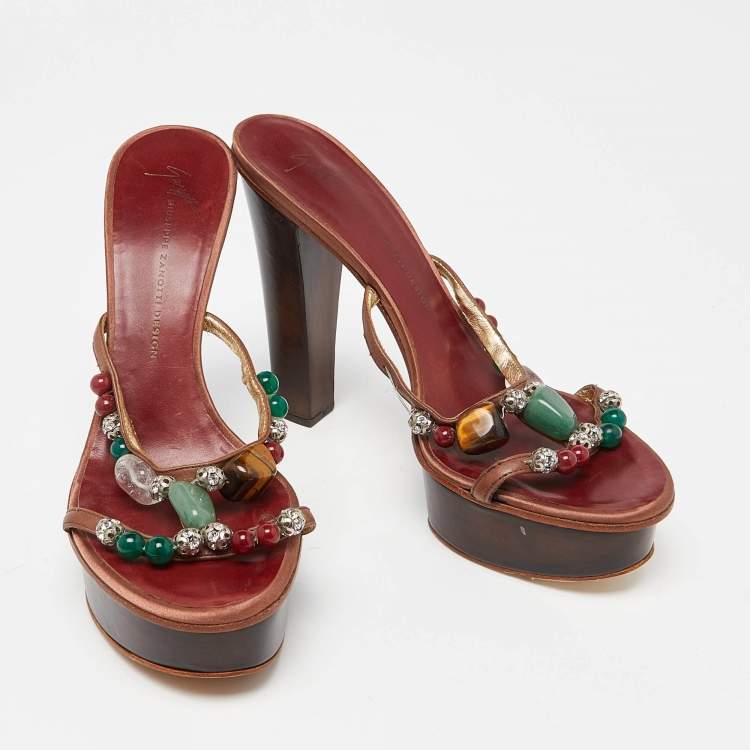 Pre Owned Guiseppe Zanotti Brown Leather Crystal Embellished Platform Slide Sandals Size 38