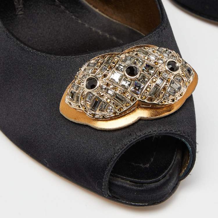 Pre Owned Giuseppe Zanotti Black/Metallic Satin and Leather Crystal Embellished Peep Toe Pumps Size 37