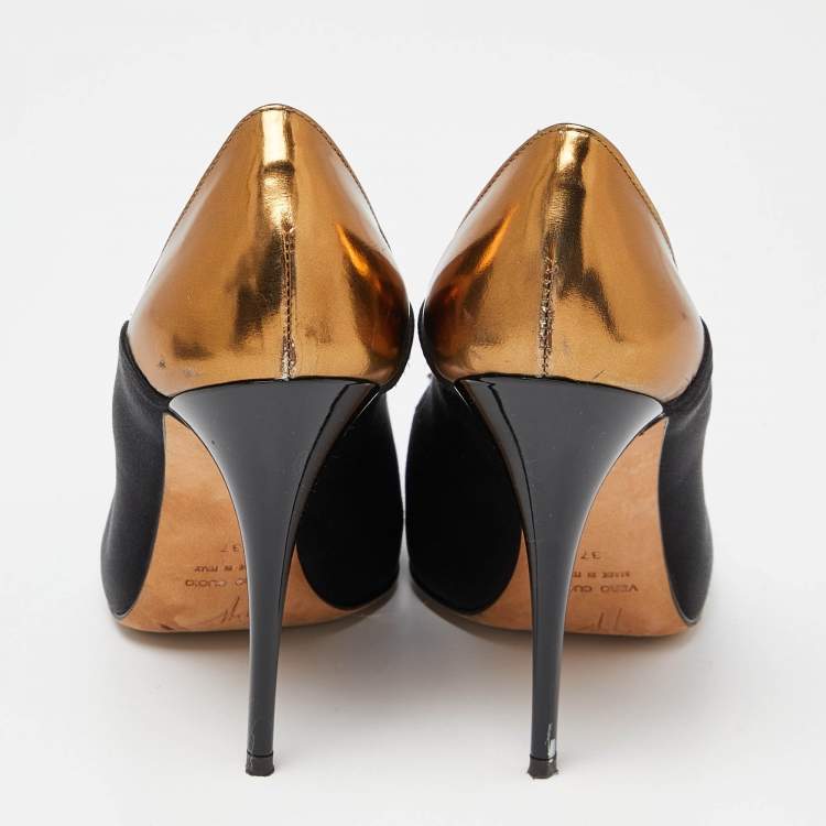 Pre Owned Giuseppe Zanotti Black/Metallic Satin and Leather Crystal Embellished Peep Toe Pumps Size 37