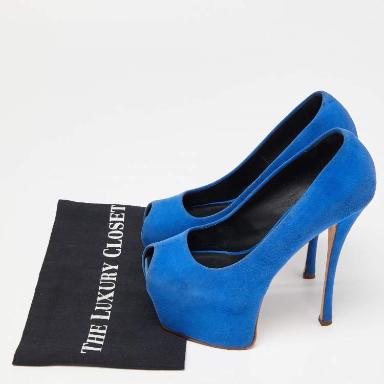 Pre Owned Giuseppe Zanotti Blue Suede Peep Toe Platform Pumps Size 37