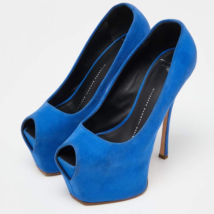 Pre Owned Giuseppe Zanotti Blue Suede Peep Toe Platform Pumps Size 37