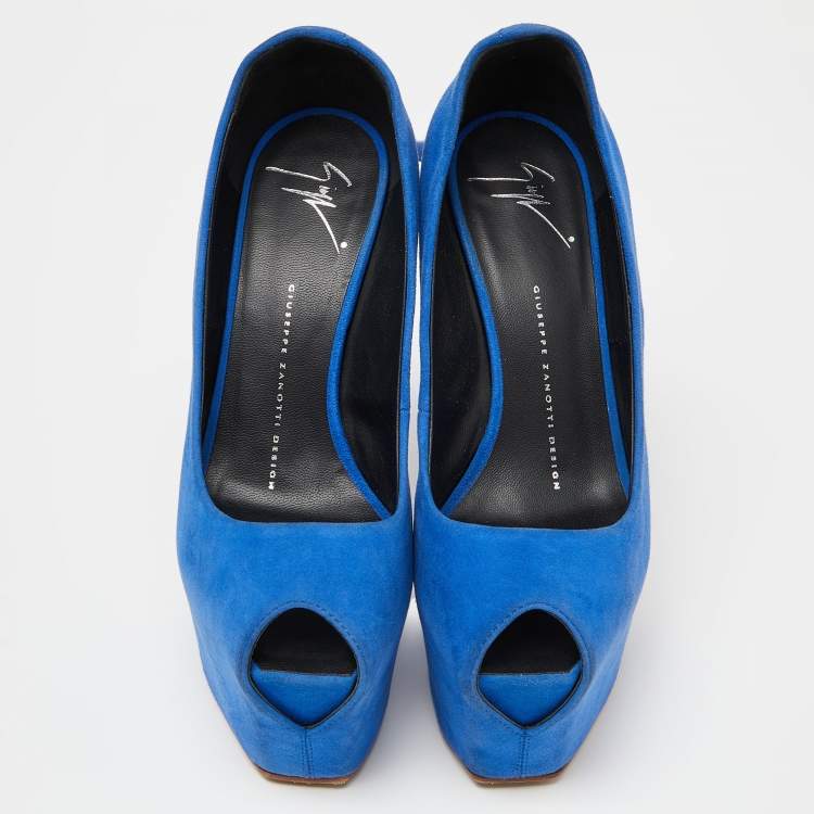Pre Owned Giuseppe Zanotti Blue Suede Peep Toe Platform Pumps Size 37