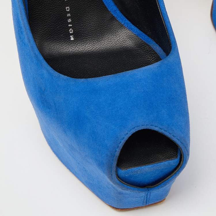 Pre Owned Giuseppe Zanotti Blue Suede Peep Toe Platform Pumps Size 37