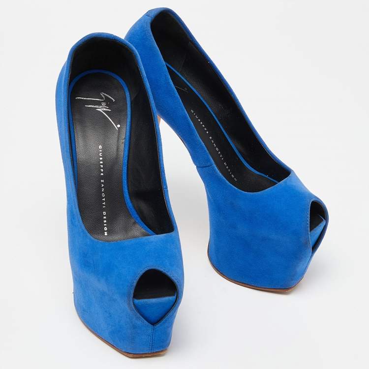 Pre Owned Giuseppe Zanotti Blue Suede Peep Toe Platform Pumps Size 37