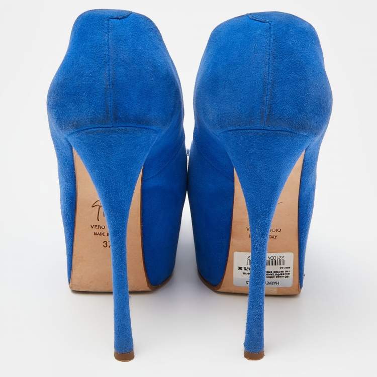 Pre Owned Giuseppe Zanotti Blue Suede Peep Toe Platform Pumps Size 37