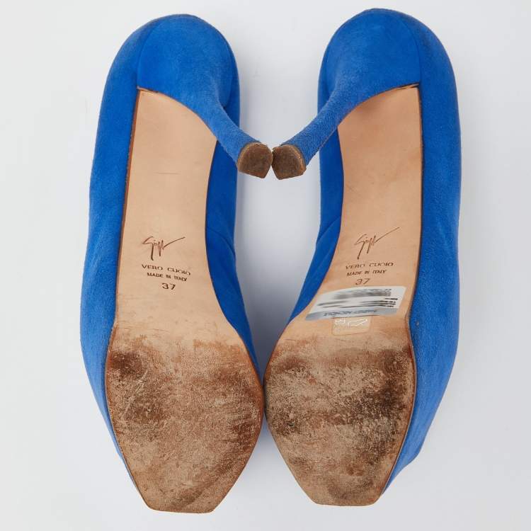 Pre Owned Giuseppe Zanotti Blue Suede Peep Toe Platform Pumps Size 37
