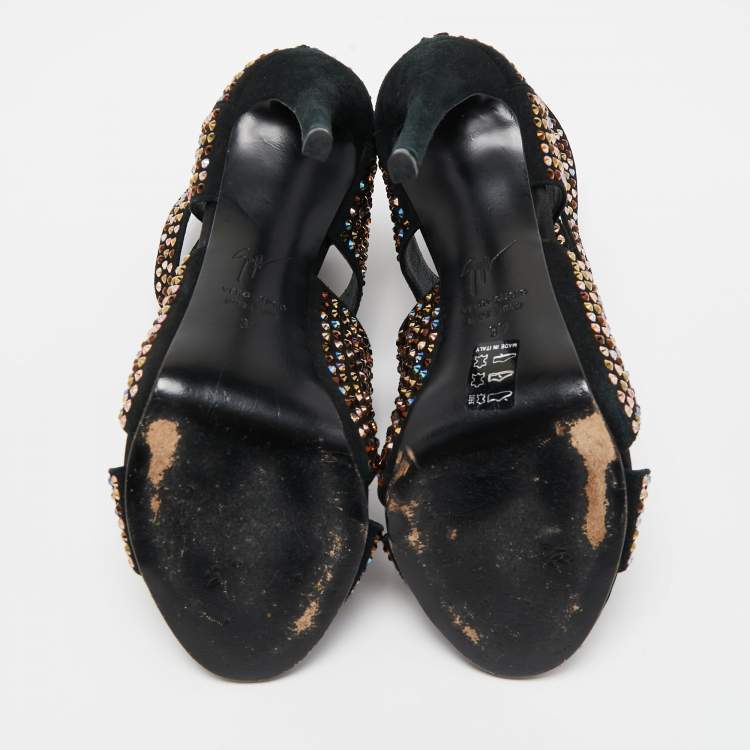 Pre Owned Giuseppe Zanotti Black Suede Crystal Embellished Sandals Size 37