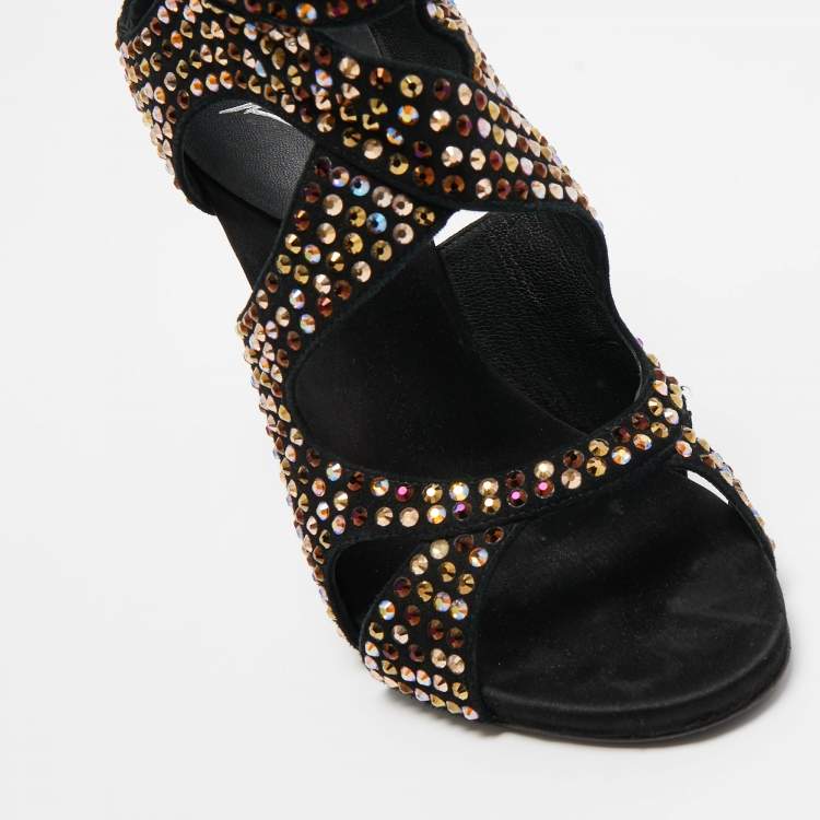 Pre Owned Giuseppe Zanotti Black Suede Crystal Embellished Sandals Size 37