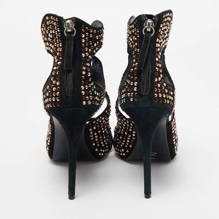 Pre Owned Giuseppe Zanotti Black Suede Crystal Embellished Sandals Size 37