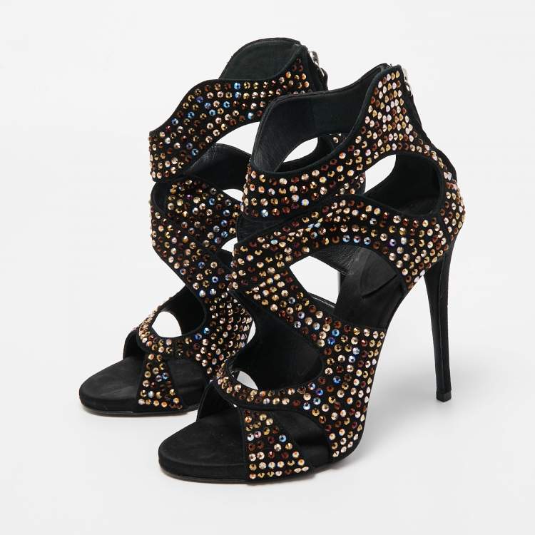 Pre Owned Giuseppe Zanotti Black Suede Crystal Embellished Sandals Size 37