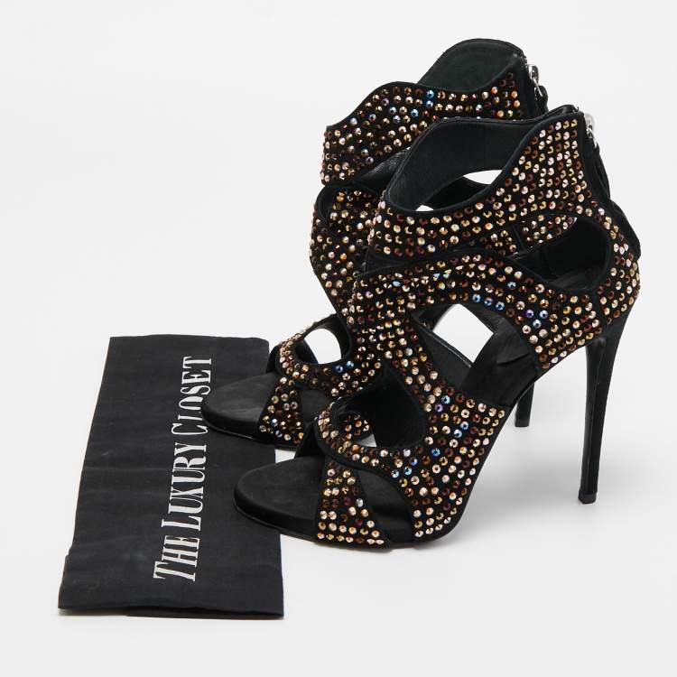 Pre Owned Giuseppe Zanotti Black Suede Crystal Embellished Sandals Size 37