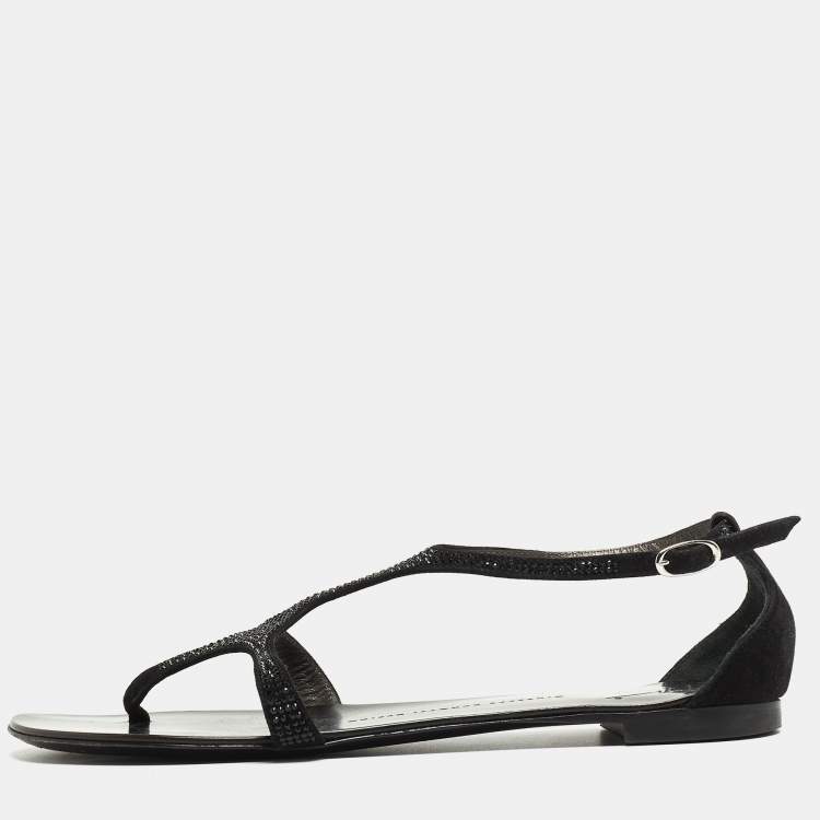 Pre Owned Giuseppe Zanotti Black Suede Crystal Embellished Flat Slides Size 39