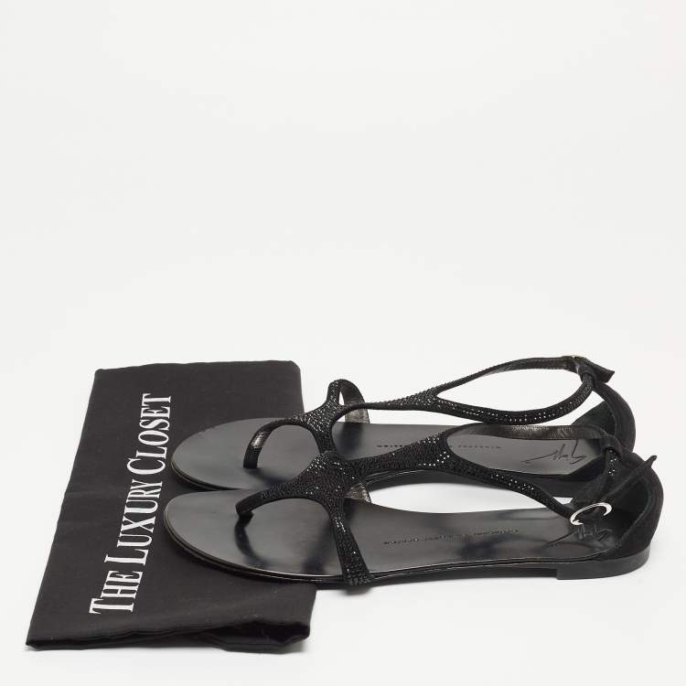 Pre Owned Giuseppe Zanotti Black Suede Crystal Embellished Flat Slides Size 39