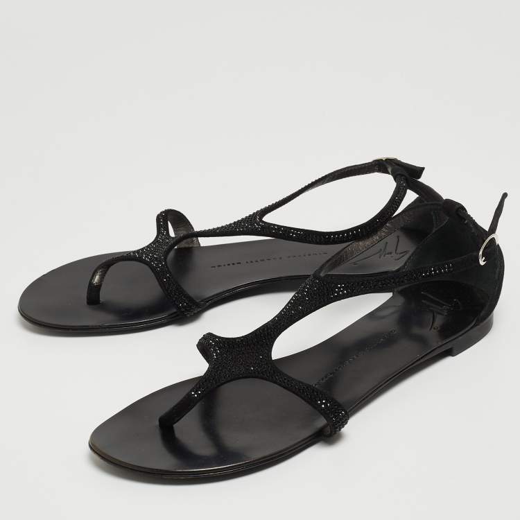 Pre Owned Giuseppe Zanotti Black Suede Crystal Embellished Flat Slides Size 39