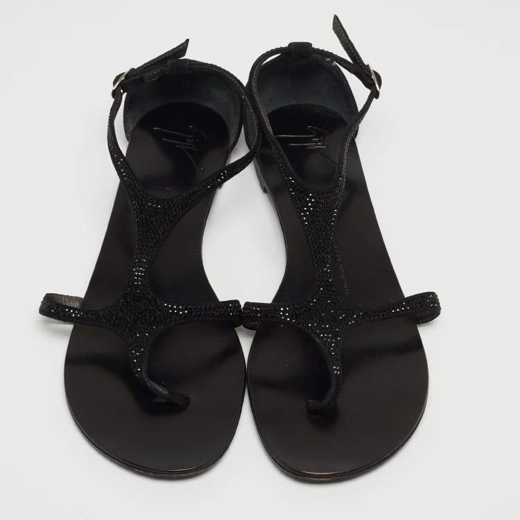 Pre Owned Giuseppe Zanotti Black Suede Crystal Embellished Flat Slides Size 39