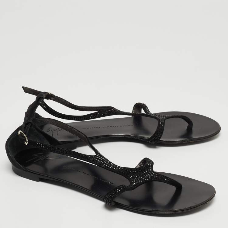 Pre Owned Giuseppe Zanotti Black Suede Crystal Embellished Flat Slides Size 39