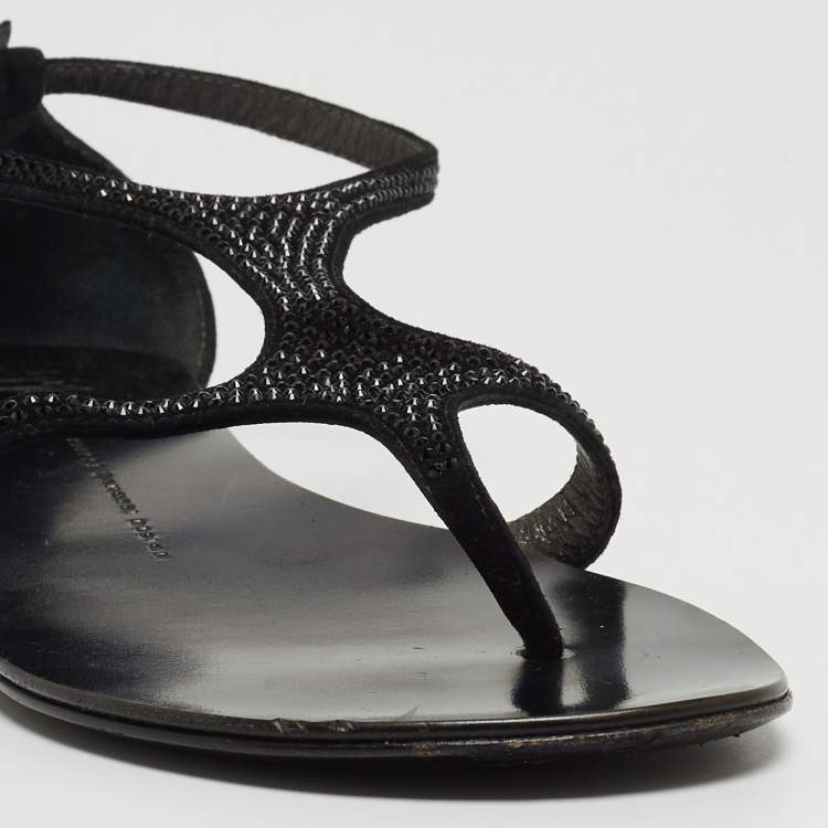 Pre Owned Giuseppe Zanotti Black Suede Crystal Embellished Flat Slides Size 39