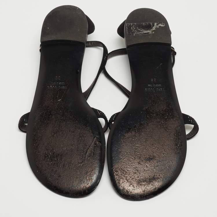 Pre Owned Giuseppe Zanotti Black Suede Crystal Embellished Flat Slides Size 39