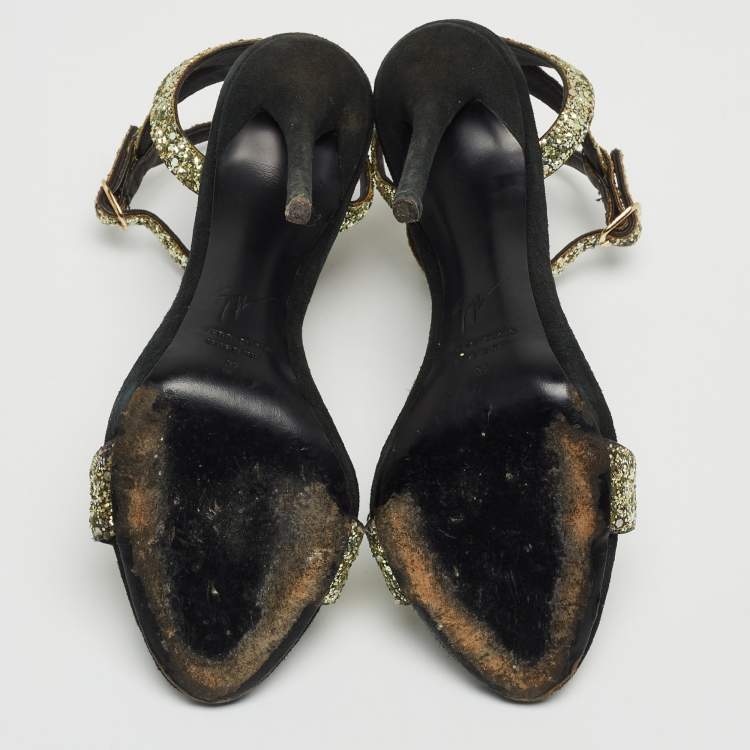 Pre Owned Giuseppe Zanotti Metallic Coarse Glitter Ankle Strap Sandals Size 37