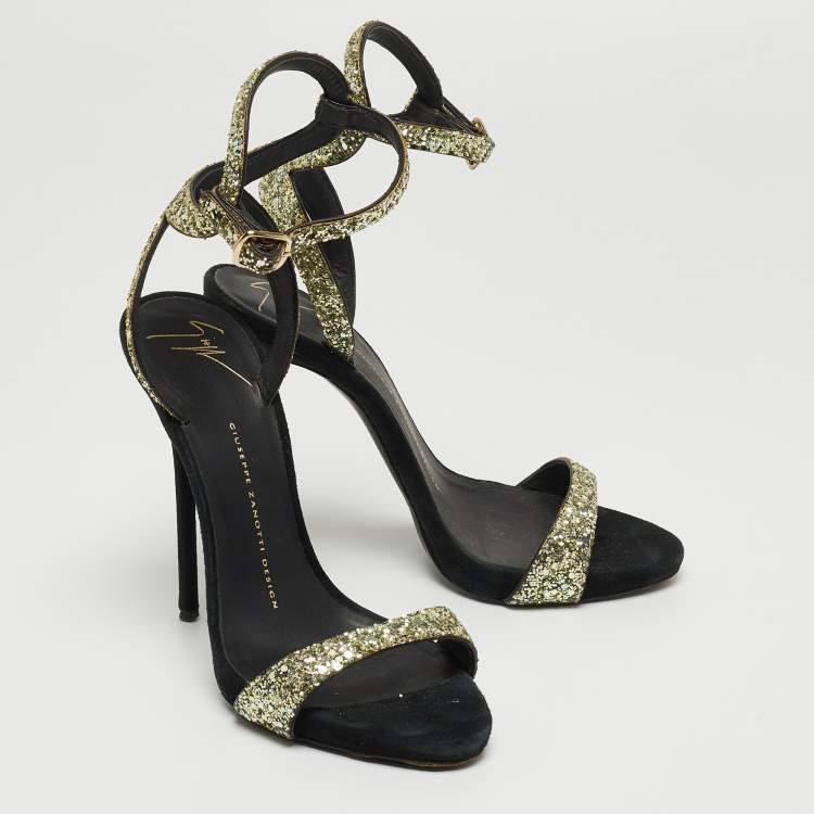 Pre Owned Giuseppe Zanotti Metallic Coarse Glitter Ankle Strap Sandals Size 37