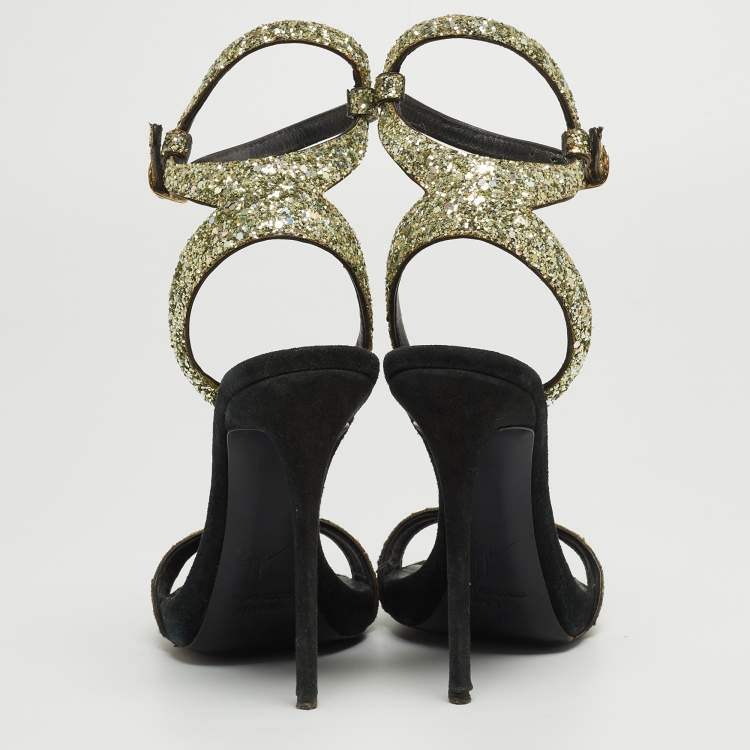 Pre Owned Giuseppe Zanotti Metallic Coarse Glitter Ankle Strap Sandals Size 37