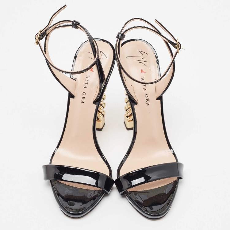 Pre Owned Giuseppe Zanotti Black Patent Leather Cathy Ankle Strap Sandals Size 37