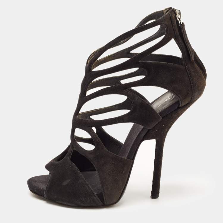 Giuseppe Zanotti Black Suede Cut Out Ankle Strap Sandals Size 37