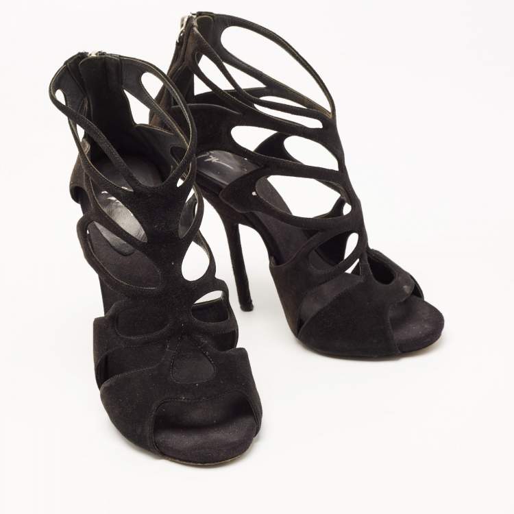 Pre Owned Giuseppe Zanotti Black Suede Cut Out Ankle Strap Sandals Size 37