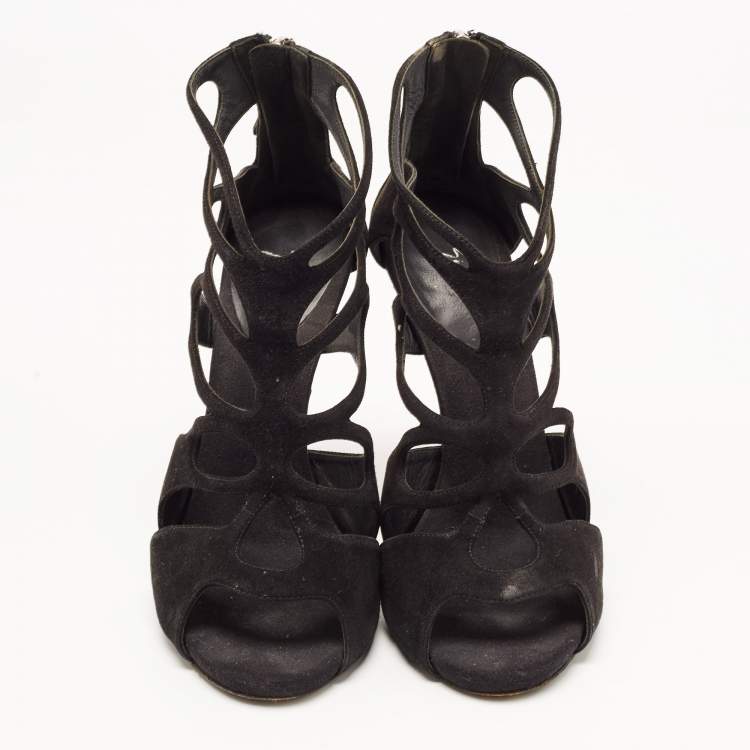 Pre Owned Giuseppe Zanotti Black Suede Cut Out Ankle Strap Sandals Size 37