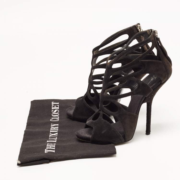 Pre Owned Giuseppe Zanotti Black Suede Cut Out Ankle Strap Sandals Size 37