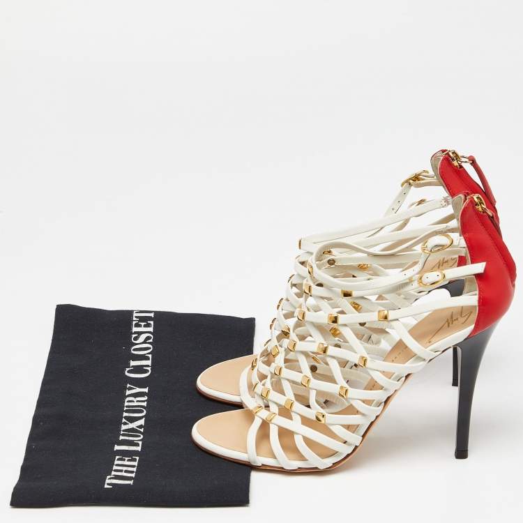 Pre Owned Giuseppe Zanotti White/Red Leather Embellished Strappy Sandals Size 38.5