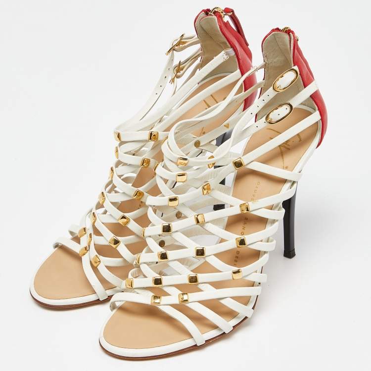 Pre Owned Giuseppe Zanotti White/Red Leather Embellished Strappy Sandals Size 38.5