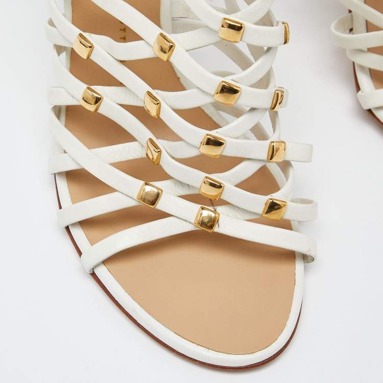 Pre Owned Giuseppe Zanotti White/Red Leather Embellished Strappy Sandals Size 38.5