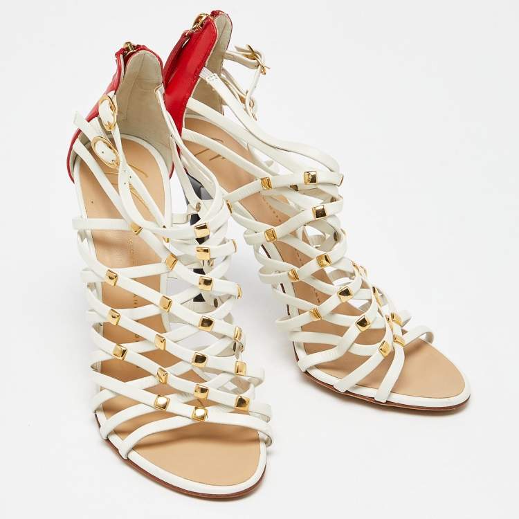 Pre Owned Giuseppe Zanotti White/Red Leather Embellished Strappy Sandals Size 38.5