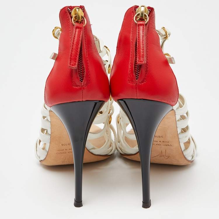 Pre Owned Giuseppe Zanotti White/Red Leather Embellished Strappy Sandals Size 38.5