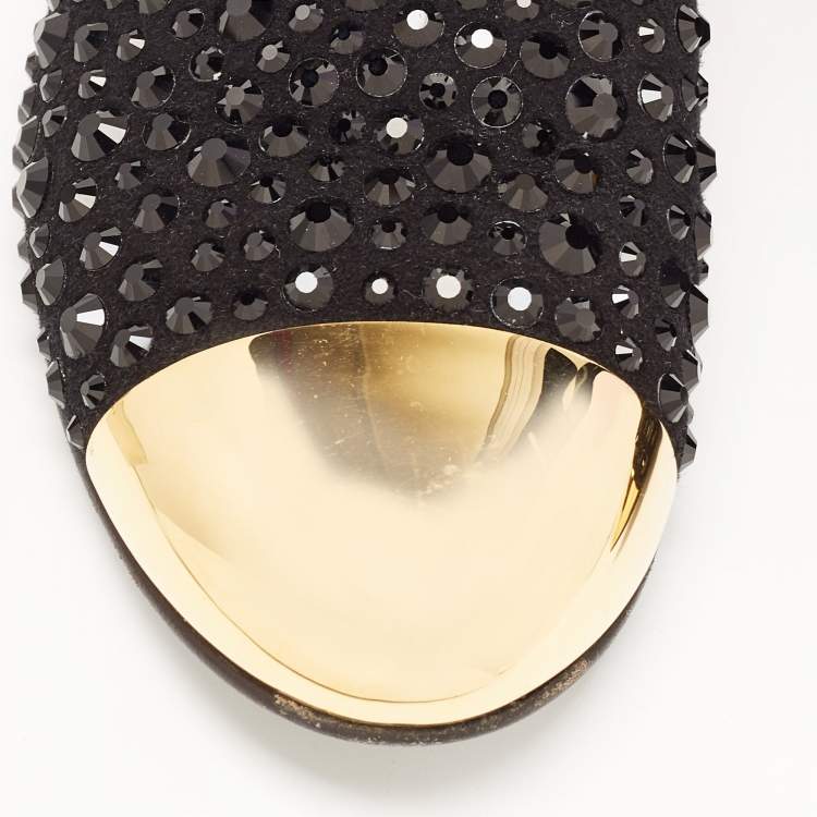 Pre Owned Giuseppe Zanotti Black/Gold Suede Cap Toe Crystals Embellished Smoking Slippers Size 39