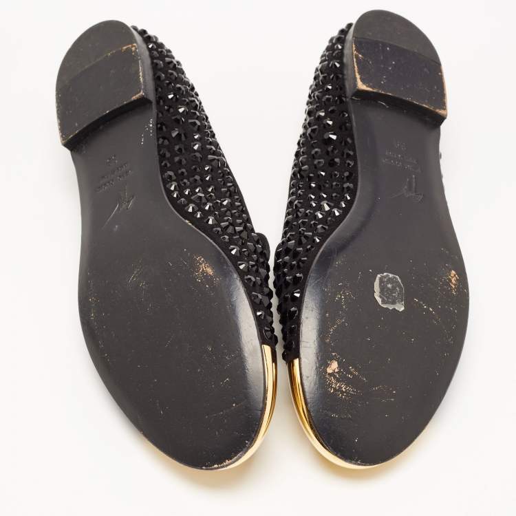 Pre Owned Giuseppe Zanotti Black/Gold Suede Cap Toe Crystals Embellished Smoking Slippers Size 39