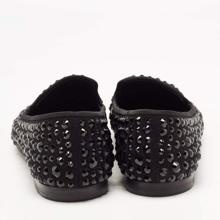 Pre Owned Giuseppe Zanotti Black/Gold Suede Cap Toe Crystals Embellished Smoking Slippers Size 39