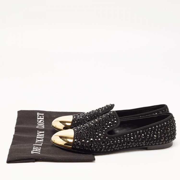 Pre Owned Giuseppe Zanotti Black/Gold Suede Cap Toe Crystals Embellished Smoking Slippers Size 39
