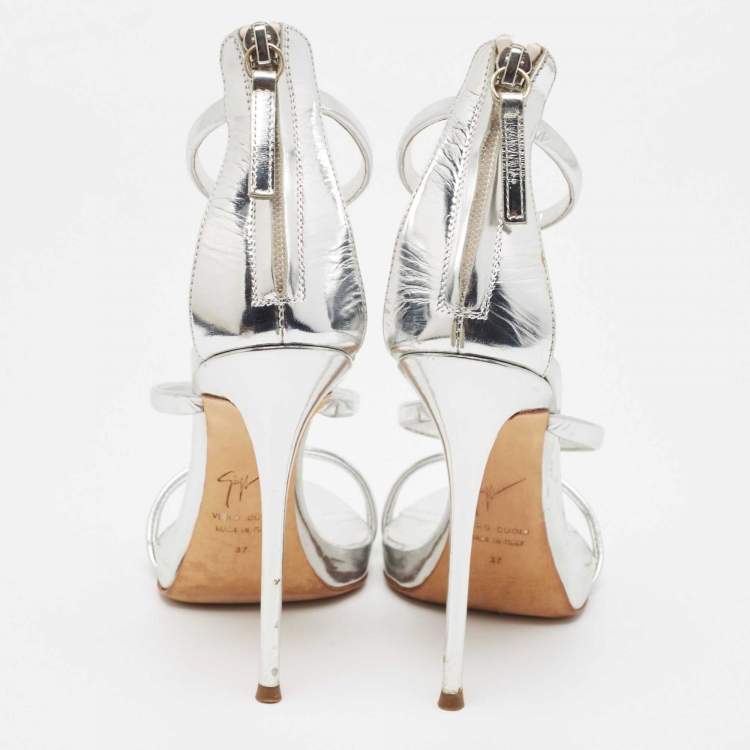 Pre Owned Giuseppe Zanotti Silver Foil Leather Harmony Ankle Strap Sandals Size 37