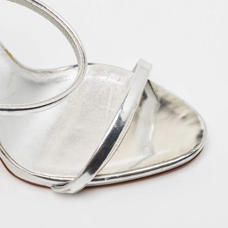 Pre Owned Giuseppe Zanotti Silver Foil Leather Harmony Ankle Strap Sandals Size 37