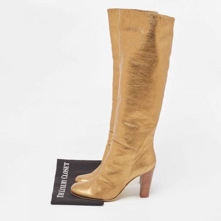 Pre Owned Giuseppe Zanotti Gold Leather Block Heel Knee High Boots Size 40