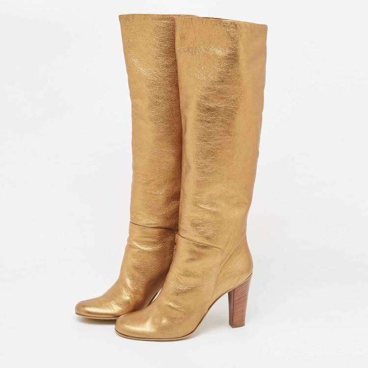 Pre Owned Giuseppe Zanotti Gold Leather Block Heel Knee High Boots Size 40