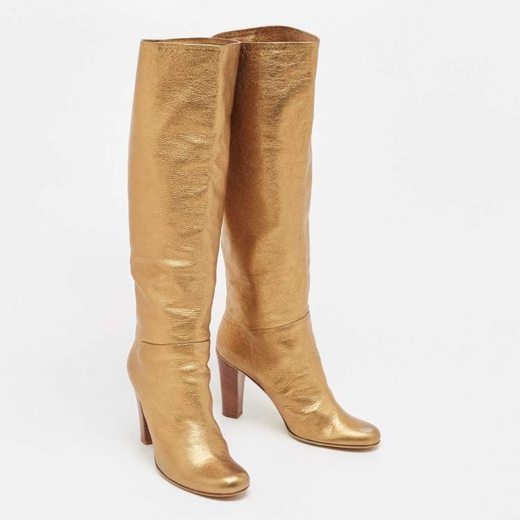 Pre Owned Giuseppe Zanotti Gold Leather Block Heel Knee High Boots Size 40