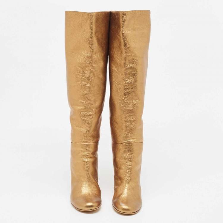 Pre Owned Giuseppe Zanotti Gold Leather Block Heel Knee High Boots Size 40