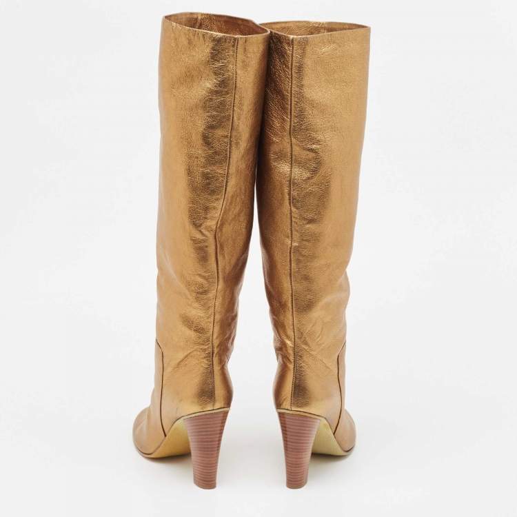 Pre Owned Giuseppe Zanotti Gold Leather Block Heel Knee High Boots Size 40