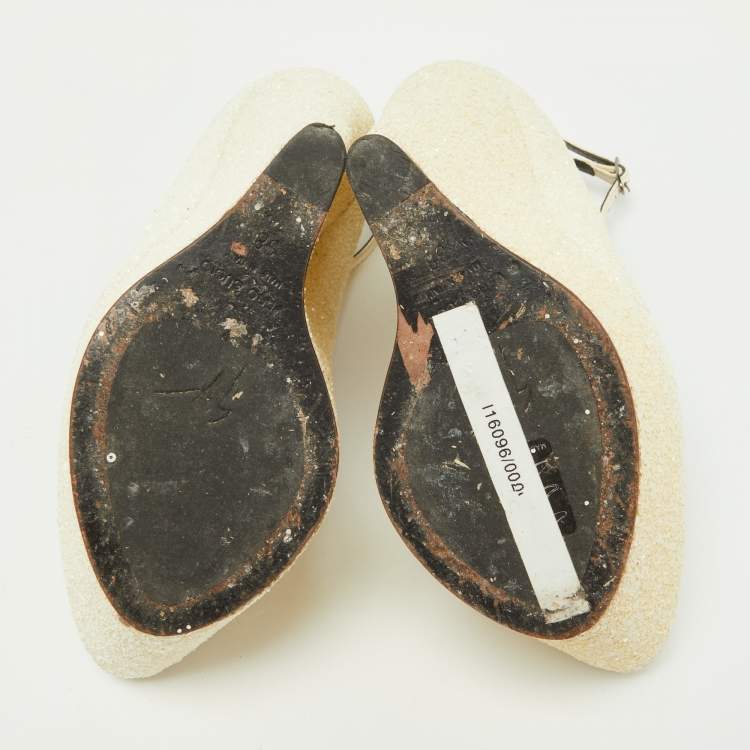 Pre Owned Giuseppe Zanotti Off White Coarse Glitter Platform Wedge Ankle Strap Pumps Size 38