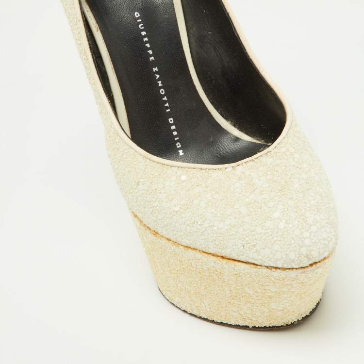 Pre Owned Giuseppe Zanotti Off White Coarse Glitter Platform Wedge Ankle Strap Pumps Size 38