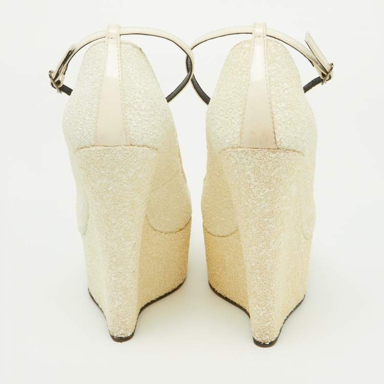 Pre Owned Giuseppe Zanotti Off White Coarse Glitter Platform Wedge Ankle Strap Pumps Size 38